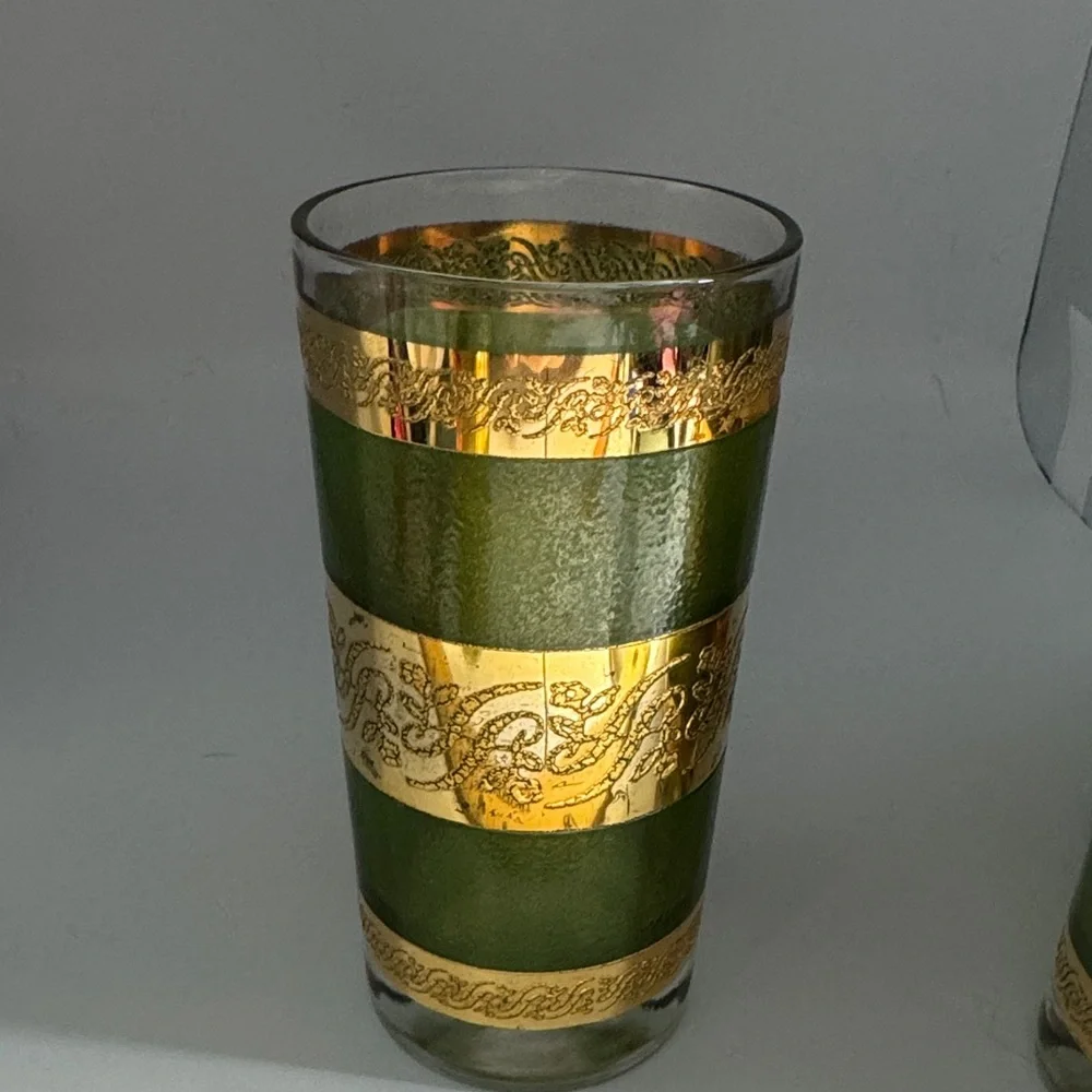 MCM Style Green and Gold Decal/Scroll Highball Glasses - Picture 4 of 6